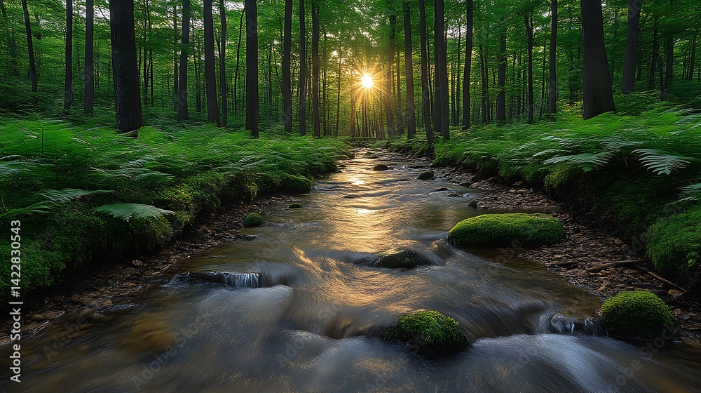 Fototapeta premium Sunset illuminating stream in lush forest.