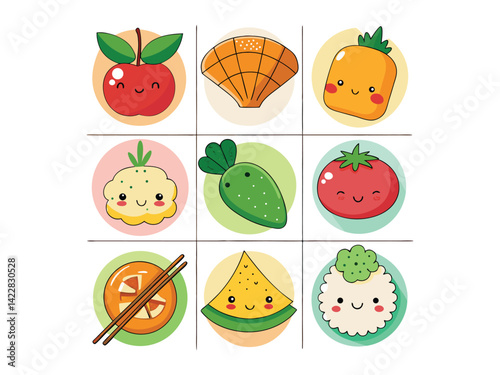 Nine cute food drawings, including vegetables, fruits, rice, bread, and a dumpling, arranged in a grid pattern with chopsticks, on a white background