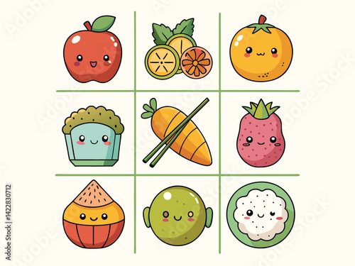 Nine cute food drawings, including vegetables, fruits, rice, bread, and a dumpling, arranged in a grid pattern with chopsticks, on a white background
