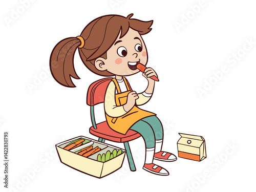 A Caucasian girl, age 7, with brown hair in pigtails, eating carrots in front of a lunchbox with sandwiches and a juice box, sitting on a chair