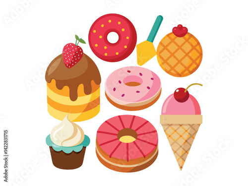 A pancake with strawberry, a pink donut, a croissant, a cupcake with cherry, an ice cream cone and a chocolate bar on a white background