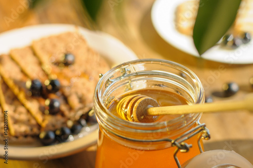 Obraz na płótnie Honey flows smoothly from a dipper into a jar, set against a backdrop of crunchy crackers and juicy blueberries, creating a warm culinary delight. w salonie