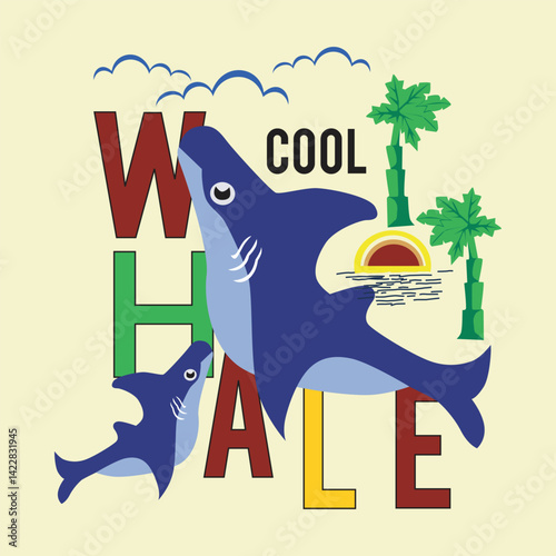 whale sunbathing on the beach just below the whale sign, illustration image