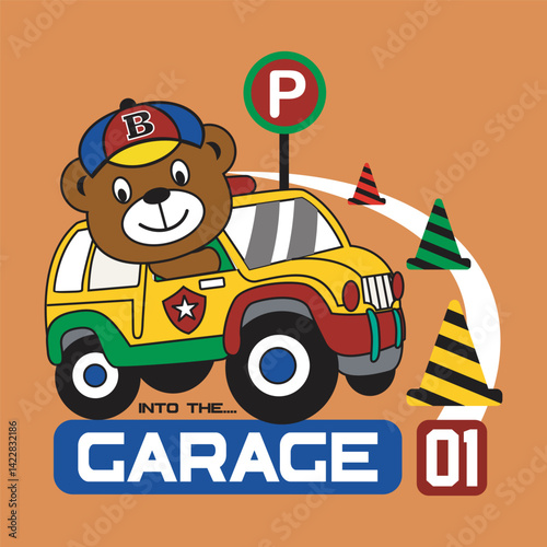 bear and his car want to go into the garage, cartoon illustration