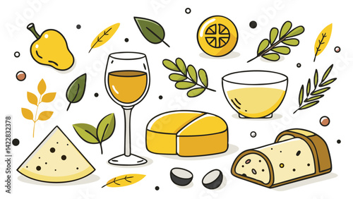 Food doodles of cheese, olives, bread, lemon, wine glasses, sauce and olive branch on a white background