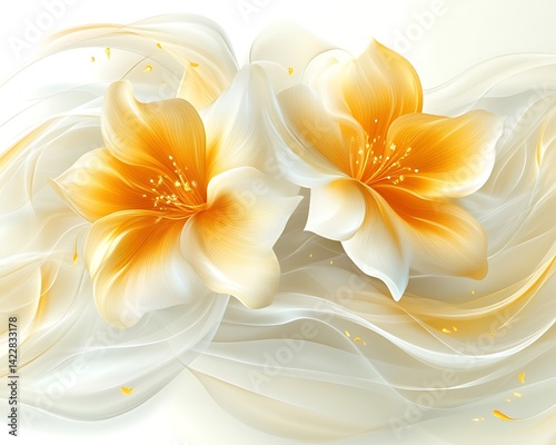 Two elegant, pale orange lilies on flowing white fabric.