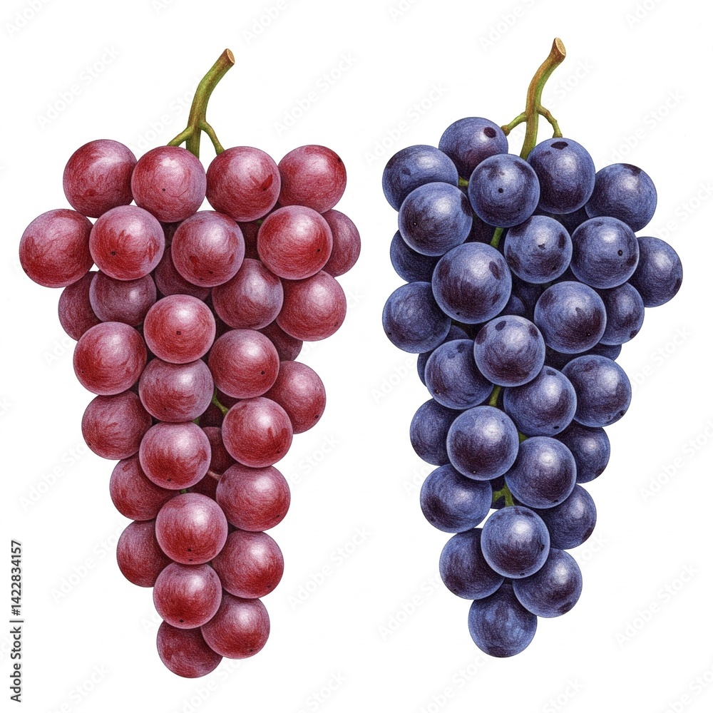 Fototapeta premium A fresh bunch of ripe red grapes, a healthy fruit, is isolated on white