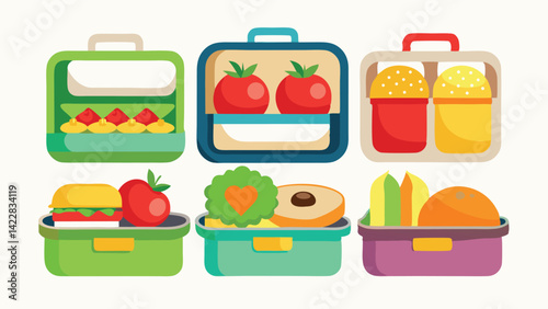 Six lunch boxes with different types of food, such as sandwiches, fruits, eggs, rice, and vegetables, on a white background