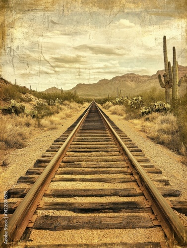 Western Style Vintage Rail Track Background, Old Distressed Texture Paper, Sepia Tone Grunge Aged Page Design