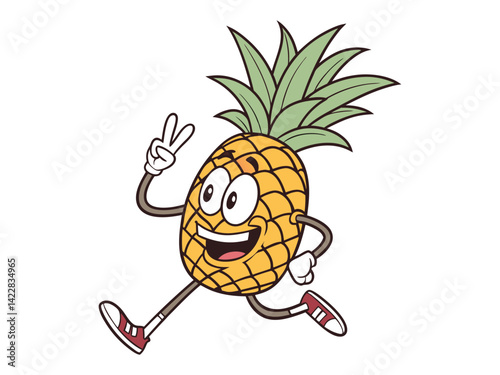 A cartoon pineapple with arms and hands doing the peace sign, big eyes and a big smile on a white background