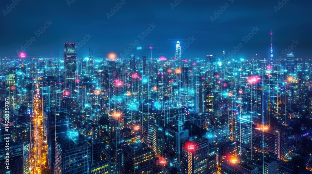 Futuristic cityscape illuminated with digital network connections at twilight Futuristic cityscape illuminated with digital network connections at twilight