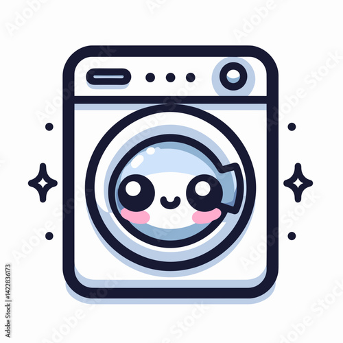 Cute cartoon washing machine with a smiling face and sparkling clean  