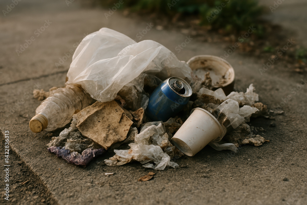 Obraz premium Urban litter with plastic bottles and cans on pavement