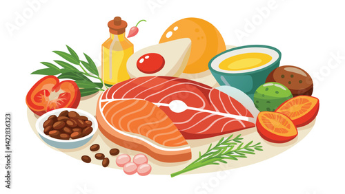 Salmon fillet, chicken legs, beef steak, cheese, eggs, tomato, olive oil, nuts and beans on a white background