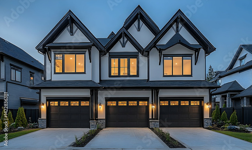 Modern duplex home with illuminated windows at dusk, surrounded by landscaped gardens