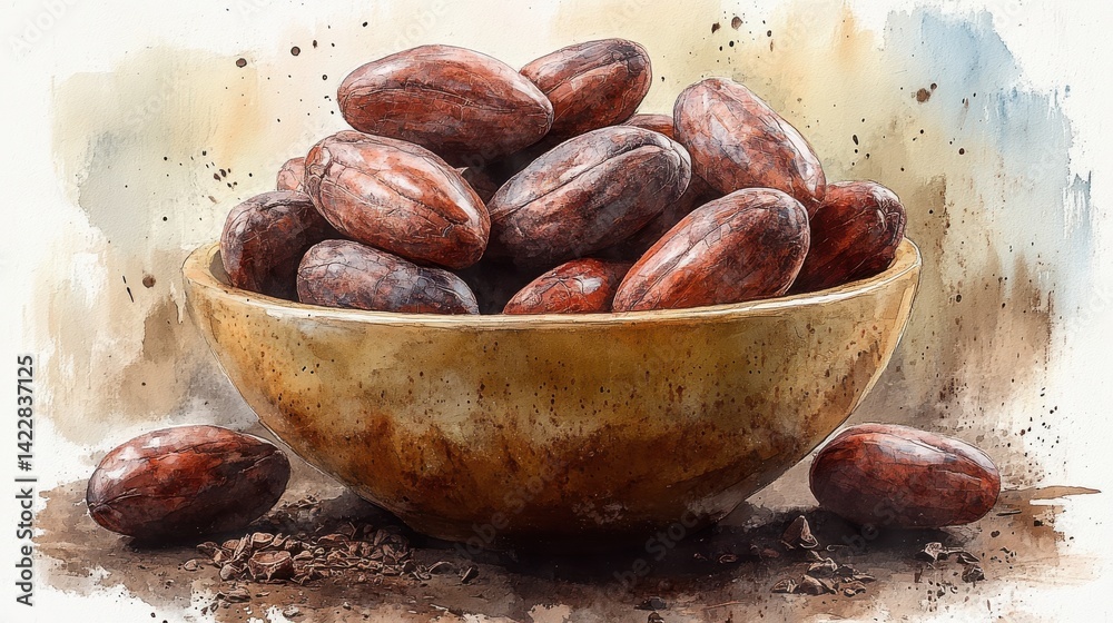 Obraz premium cocoa beans on bowl clipart creative generative watercolor illustration detailed illustration - image for design