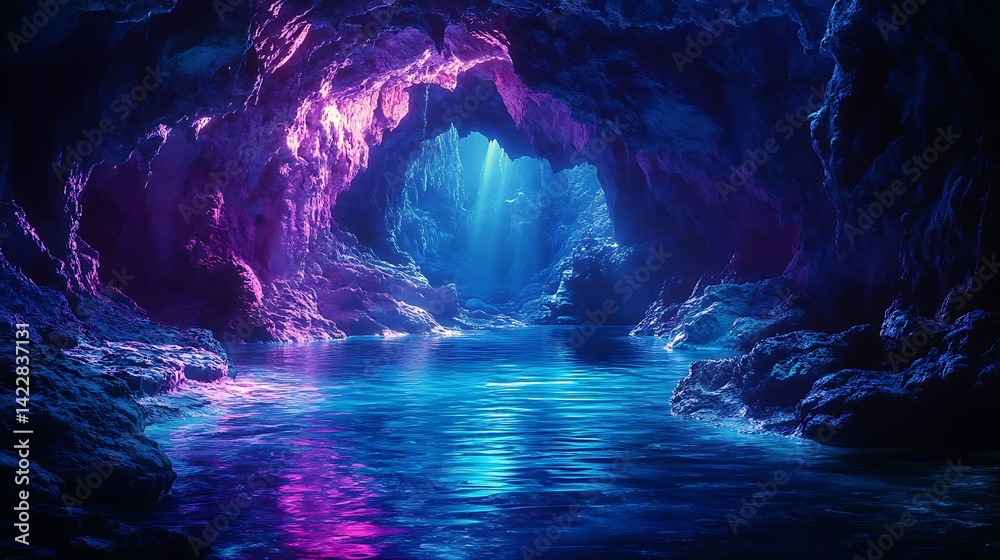 Glitch art of an underwater cavern, deep blue and purple with neon green reflections. Glitch art of an underwater cavern, deep blue and purple with neon green reflections.