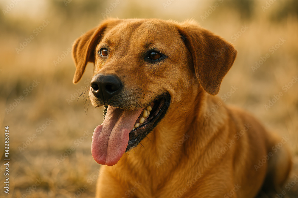 Joyful canine relaxing in sunlit field, happy dog with tongue out enjoys nature's beauty Joyful canine relaxing in sunlit field, happy dog with tongue out enjoys nature's beauty