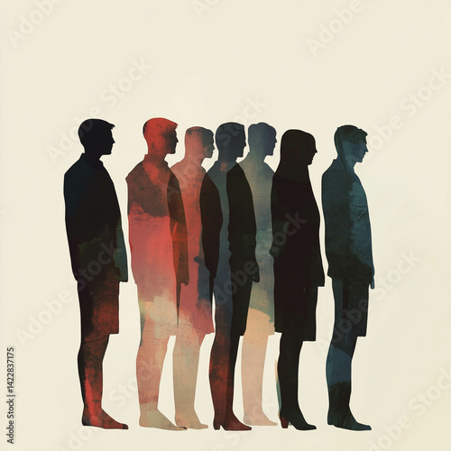 Obraz na płótnie Abstract illustration of diverse human silhouettes standing in line with layered color overlays w salonie