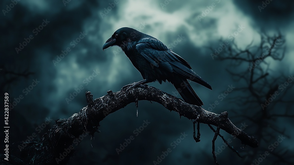 Fototapeta premium Raven Perching on Branch Against Dark Sky
