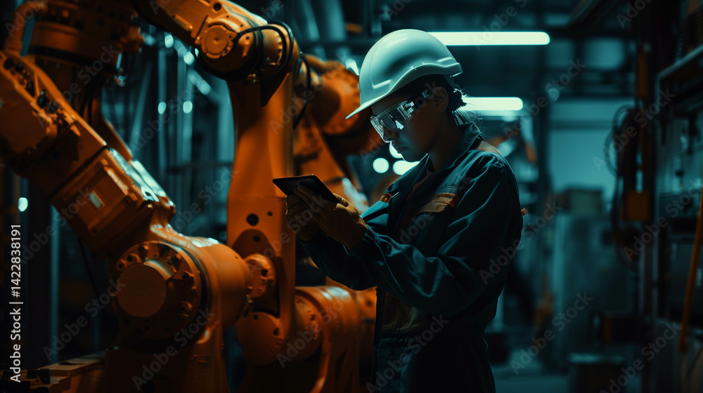 Female engineer inspecting robotic arm in smart factory with industrial automation technology