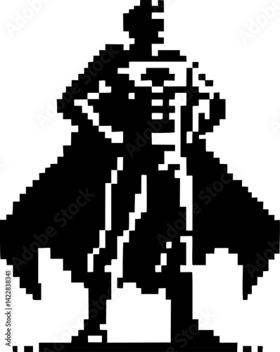 8-bit silhouette of a generic superhero standing in heroic pose, no logos black on white background