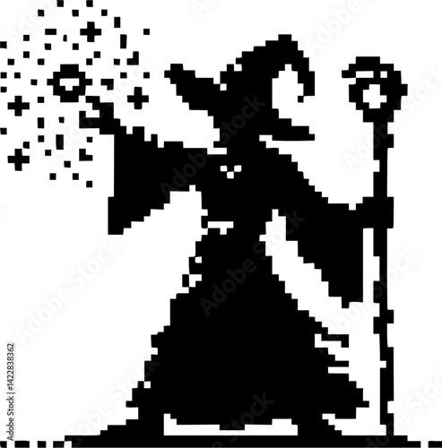 8-bit pixelated silhouette of a wizard casting a spell, retro fantasy game style, black only white background vector