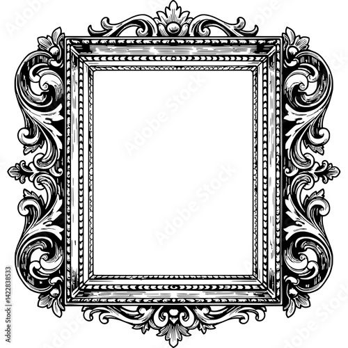 Ornate Frame: An ornate frame with detailed scrolls and floral motifs, rendered in a vintage-inspired style. Perfect for adding a touch of elegance to your designs. 