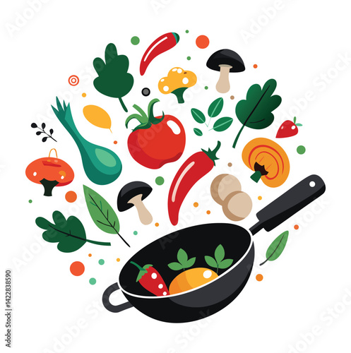 A black pan with mushrooms and vegetables flying out of it, including tomatoes, peppers, parsley, carrots, and onions, on a white background