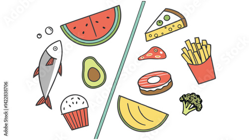Healthy food like fish, watermelon, avocado, tomato and broccoli versus junk food like ice cream, fries, popcorn, cake and taco with a white background