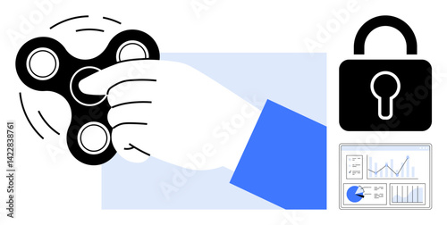 Hand spinning a fidget spinner, bold lock icon symbolizing security, and analytics chart depicting data insights. Ideal for productivity, cybersecurity, privacy, focus, innovation, business growth