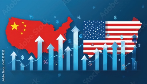 United States tariffs government import tariff China, to increase the American economy. Industrial Tariffs growth. Import Tariffs increase. Trade war policy United States with China. Dollar vs Yuan wa