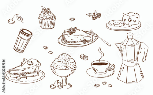 Vintage hand drawn sketch for breakfast menu. Collection of coffee and desserts, cover menu. Line art