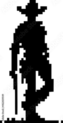 Pixel silhouette of a cowboy with hat and boots, wild west theme, 8-bit style black on white background vector