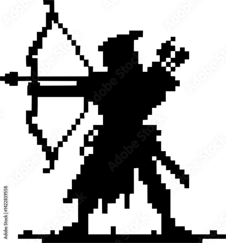 Pixel art silhouette of an archer with bow and arrow, fantasy game style black on white background