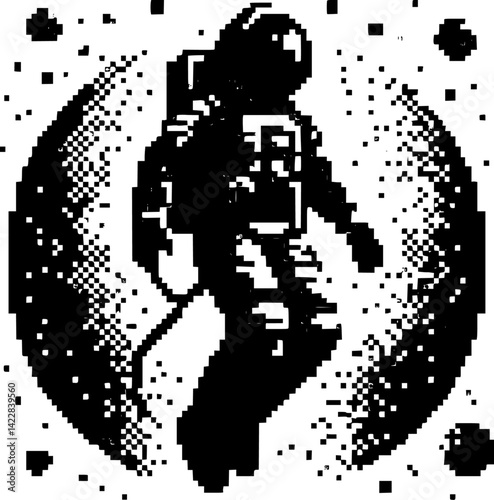 Pixel art silhouette of an astronaut floating in space, sci-fi theme, retro pixel style black on white background vector