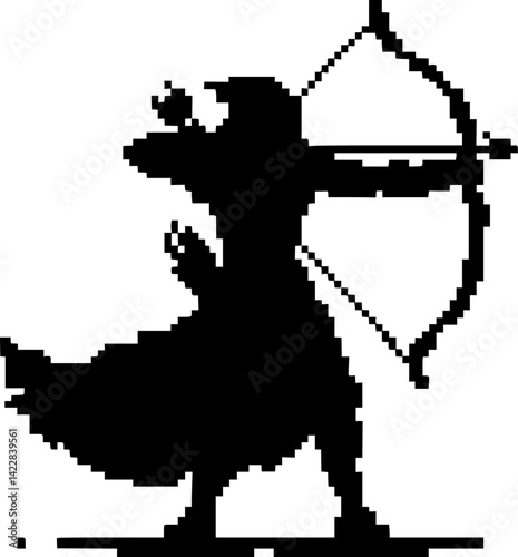 Pixel art silhouette of an archer with bow and arrow, fantasy game style black on white background