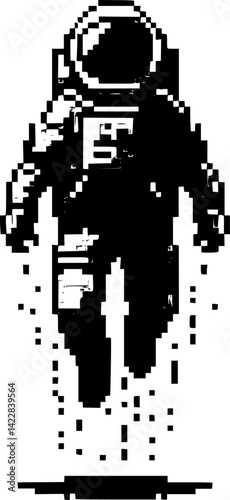 Pixel art silhouette of an astronaut floating in space, sci-fi theme, retro pixel style black on white background vector