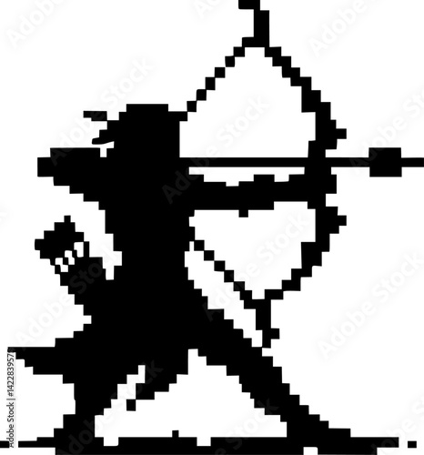 Pixel art silhouette of an archer with bow and arrow, fantasy game style black on white background