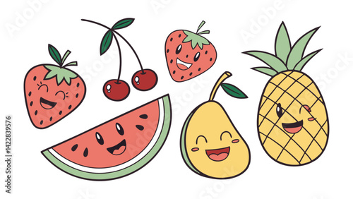 Fruits collection with watermelon, cherries, strawberry, apple, papaya, pineapple and banana with happy faces on a white background
