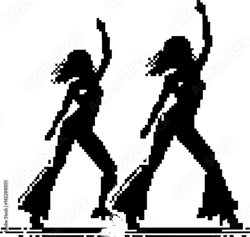 Pixelated silhouette of a dancing person in retro disco pose, 8-bit design isolated on white background vector