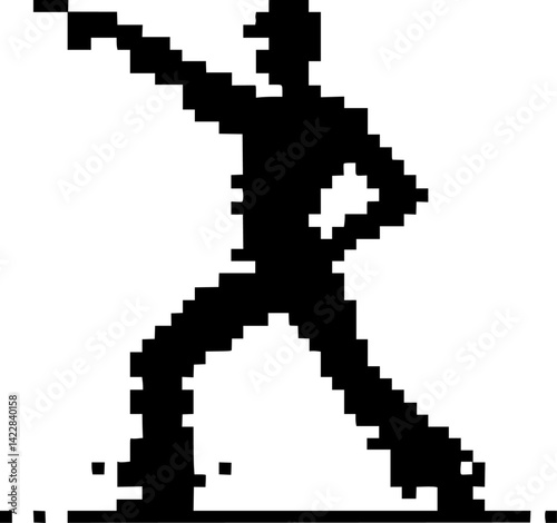 Pixelated silhouette of a dancing person in retro disco pose, 8-bit design isolated on white background vector