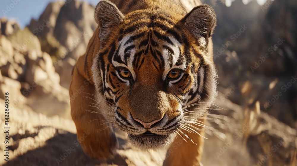 Fototapeta premium Majestic Tiger Close Up Wild Cat in Rocky Habitat