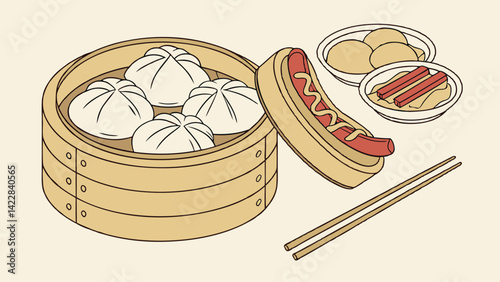 Chinese food dumplings in a bamboo steamer with chopsticks, bao bun, hot dog and other snacks on a beige background with vector illustration