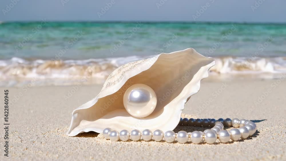 Large pearl inside a seashell and pearl necklace on the beach