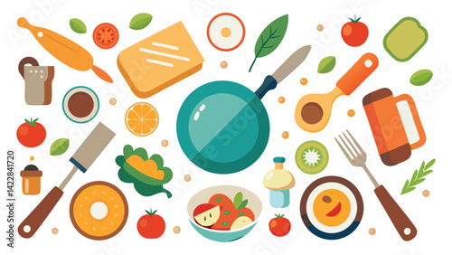 Overhead shot of various cooking utensils and ingredients, including a rolling pin, frying pan, knife, spatula, salad, coffee, and other food items, arranged on a white background