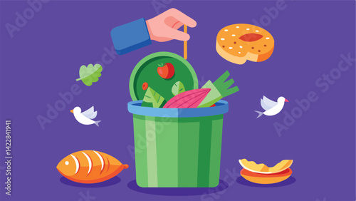 Hands throwing food leftovers in a green trash can with a salmon steak, pasta bows, tomato and lettuce on a plate, purple vector background