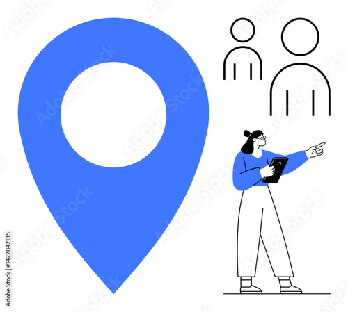Large pin with user icons and a woman holding a tablet pointing outward. Ideal for teamwork, navigation, location tracking, collaboration, community building, user interaction, simple landing page