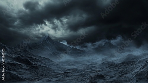 Dramatic storm clouds over a rugged mountain landscape at night, creating a sense of awe and foreboding in a stark, desolate environment