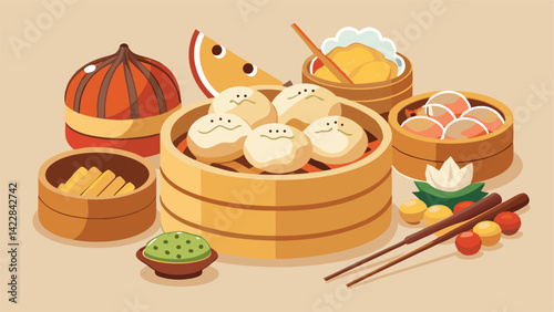 Chinese food dumplings in a bamboo steamer with chopsticks, bao bun, hot dog and other snacks on a beige background with vector illustration